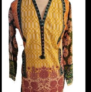 New W Tags Khaadi Pullover Tunic Top Kurta Batik Pattern Multicolor Dress Wmn 12